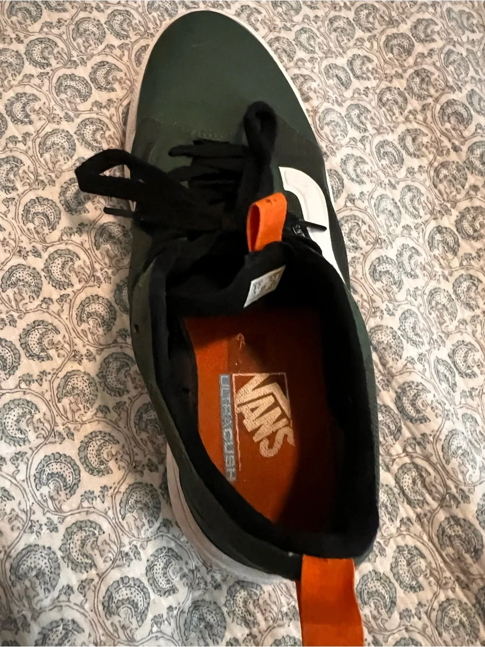 Vans Olive Green Low-Top Sneakers with White Side Stripe and Orange Accents